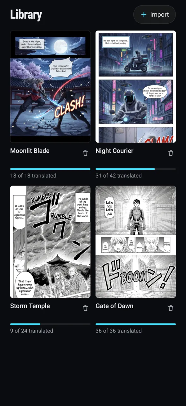 Mangit Library: four imported chapters with how many pages of each are translated